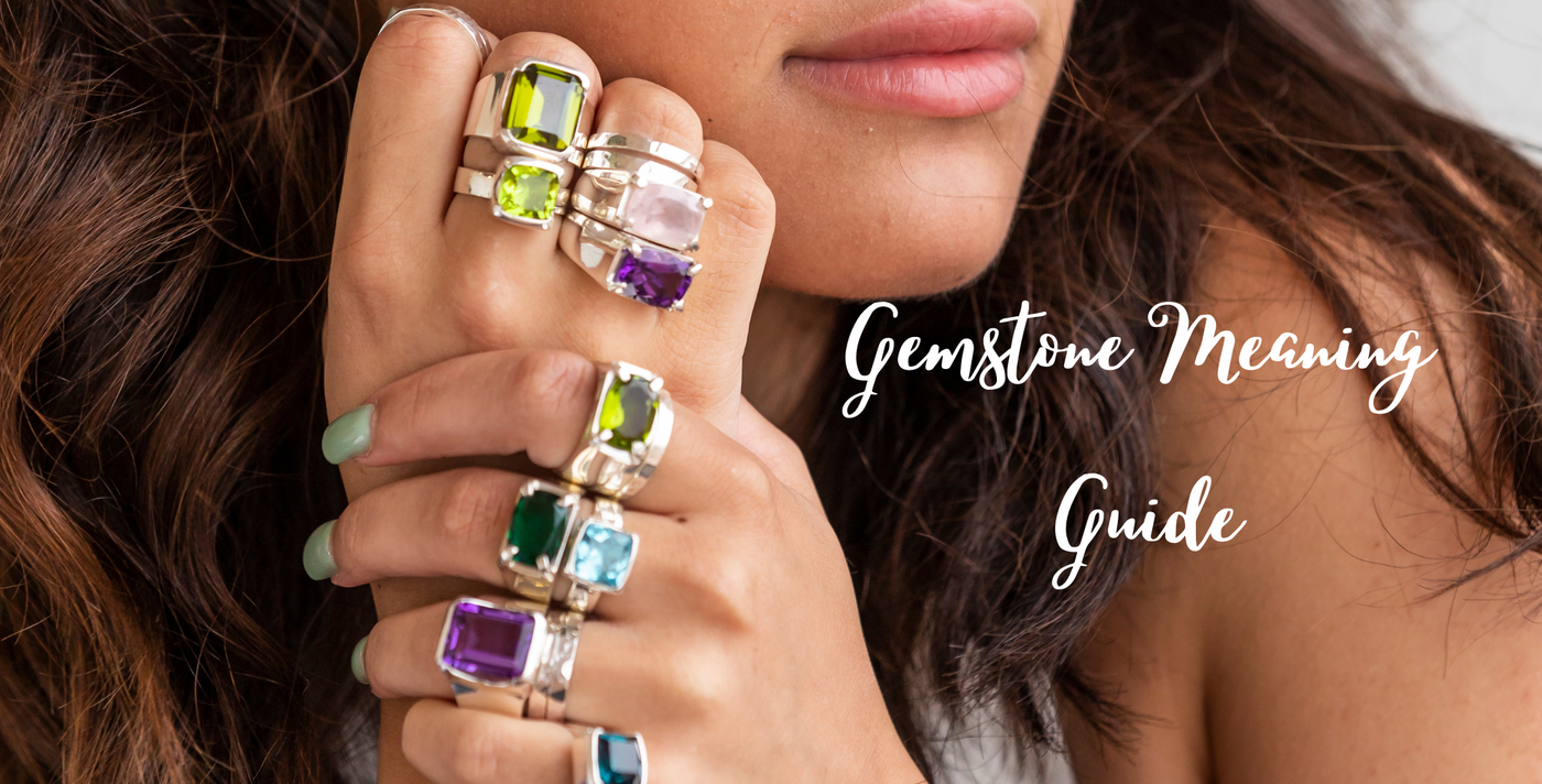 Gemstone meanings guide with healing crystals and jewellery showing symbolism, emotional benefits and birthstones