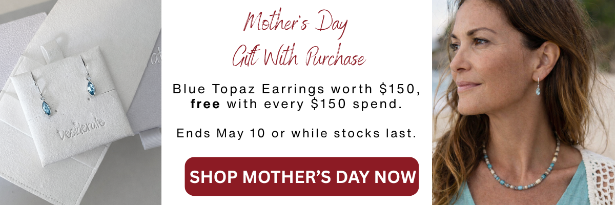 Mother’s Day gift with purchase banner showing blue topaz earrings worth $150 free with every $150 spend at Desiderate Jewellery Australia.