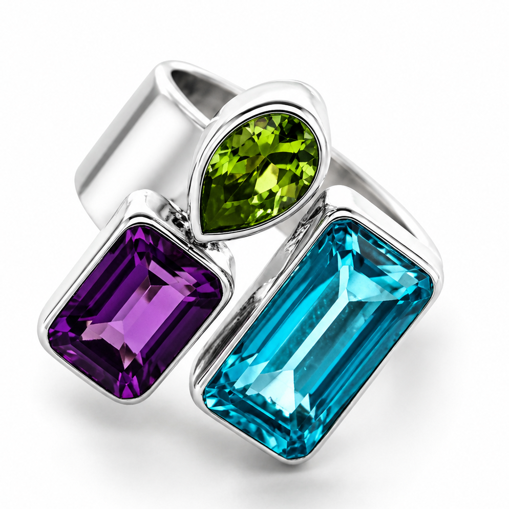The Oracle Ring – Sterling Silver Blue Topaz, Peridot & Amethyst