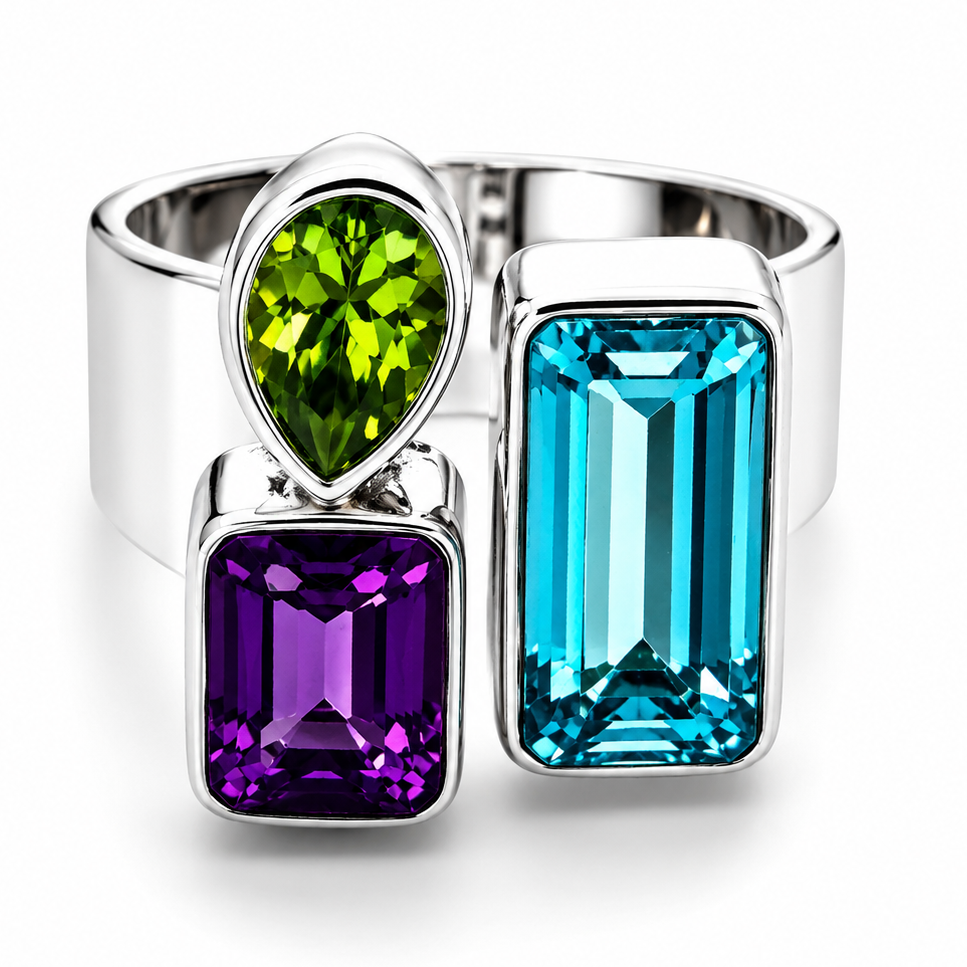 The Oracle Ring – Sterling Silver Blue Topaz, Peridot & Amethyst