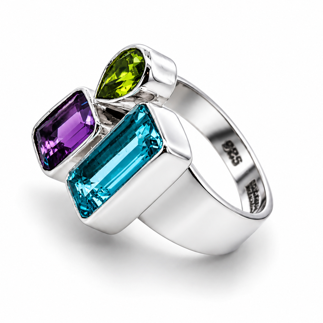 The Oracle Ring – Sterling Silver Blue Topaz, Peridot & Amethyst