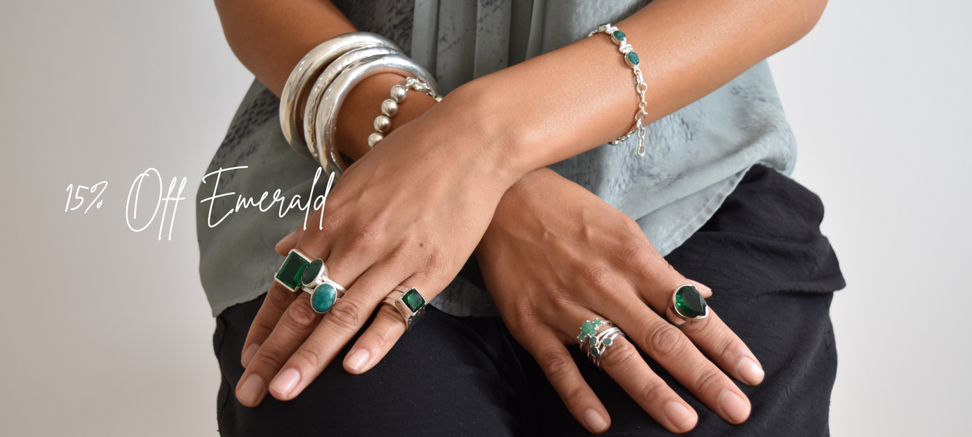 Desiderate emerald jewellery sale, 15% off sterling silver emerald rings necklaces and earrings, Australian jewellery May sale
