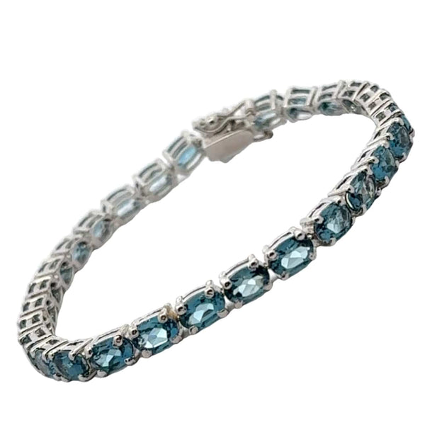 Bracelet Tennis En Argent 925 Plaqué Or - Serti De Topazes Bleu Londres 4mm - Longueur 7,25 Pouces - Neuf