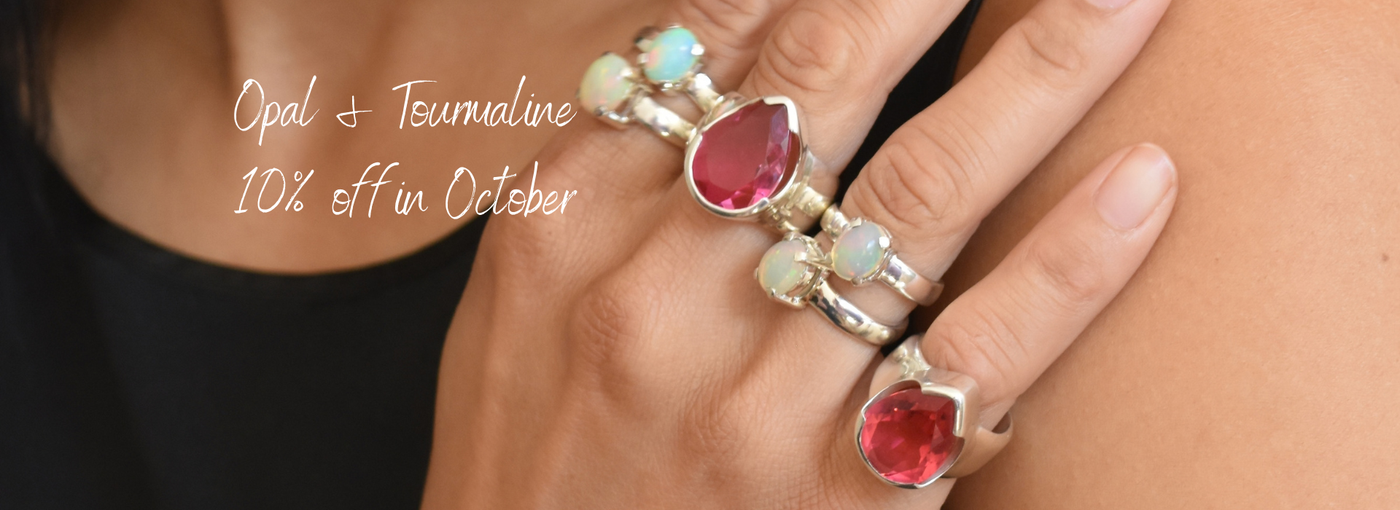 Opal rings and pink tourmaline ring in sterling silver. Birthstone for October in Australia